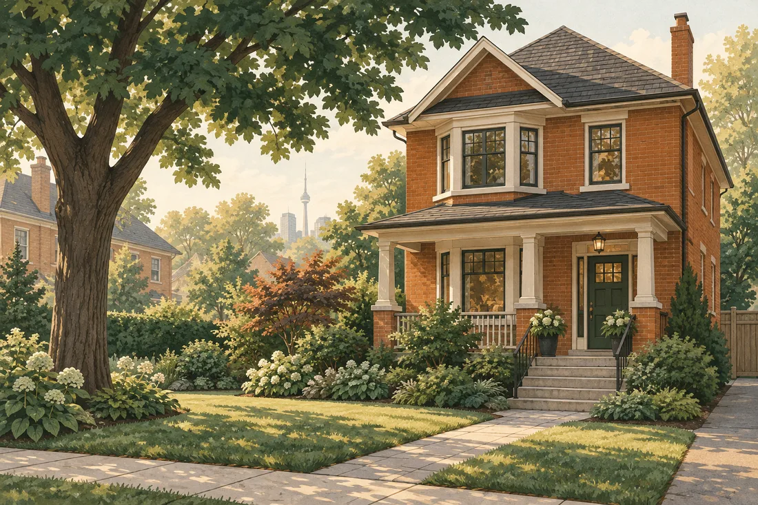 Illustration of a welcoming brick home and garden