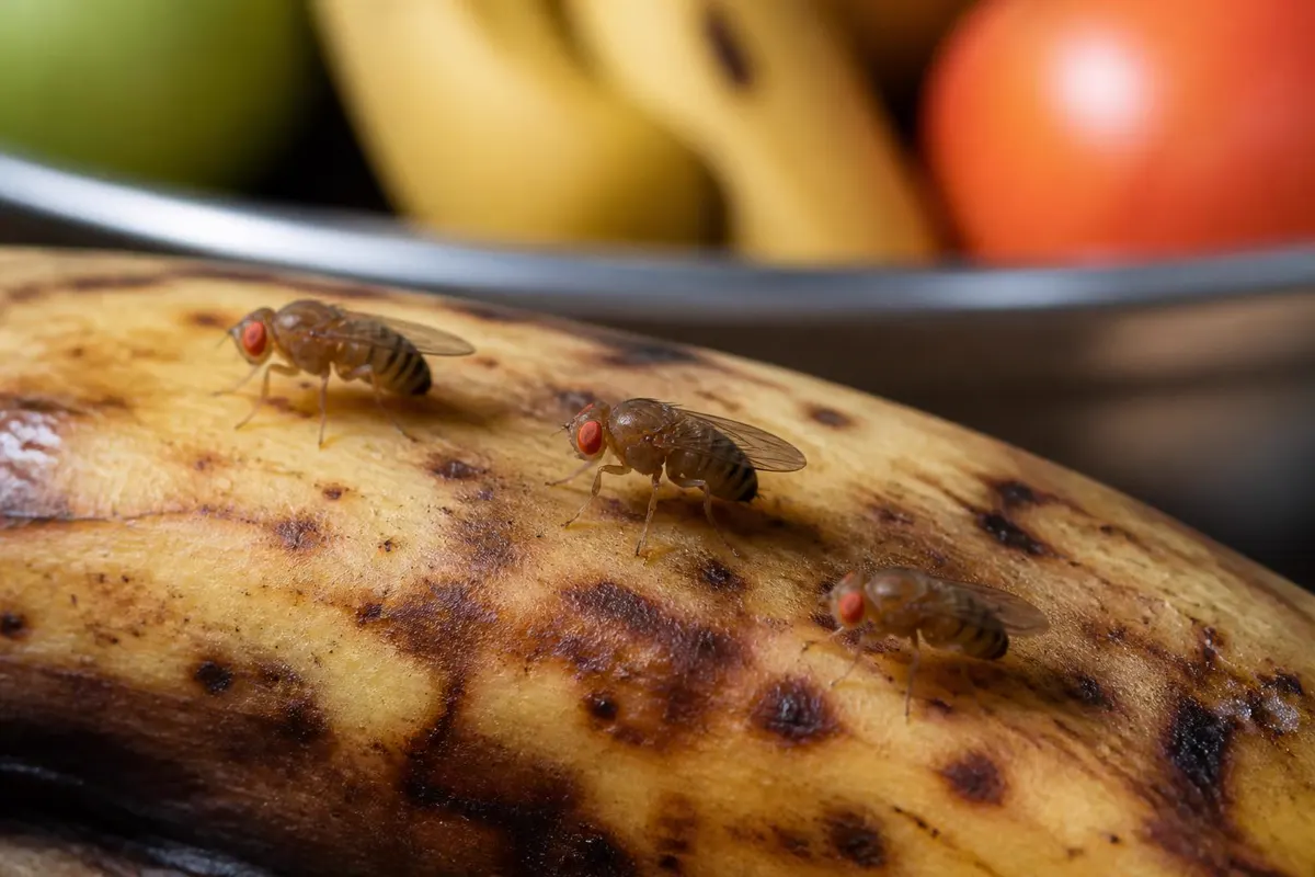 Fruit flies with red eyes on an overripe banana